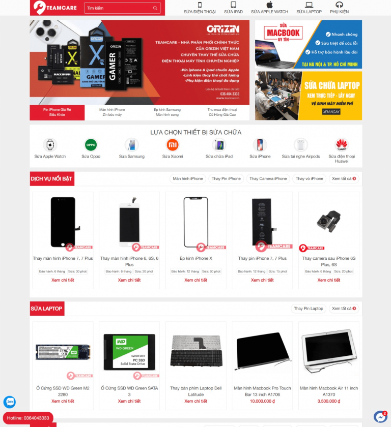 Website trung tâm sửa chữa điện thoại TeamCare